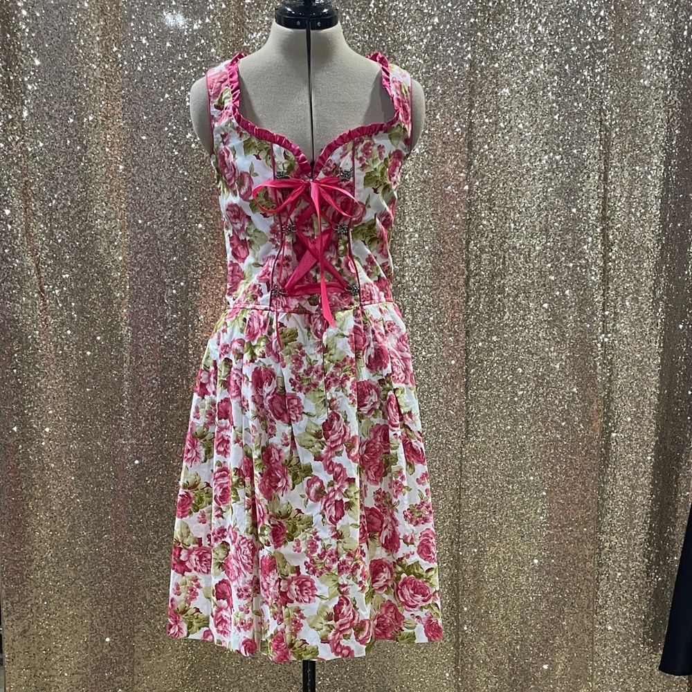 Floral Pink and White Dress with Lace-Up Detail. NWT